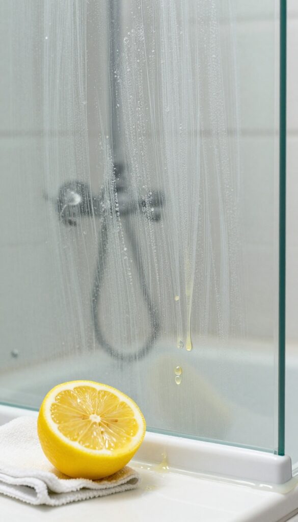 Cleaning hard water stains on shower glass with a lemon