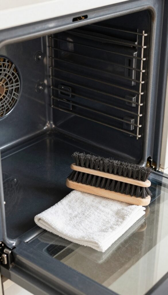 Cleaning oven fan and vents with a soft brush and microfiber cloth