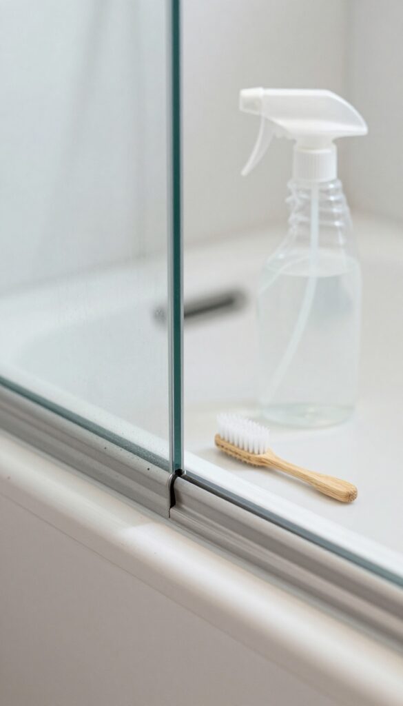 Cleaning shower door tracks and frame with toothbrush and vinegar solution