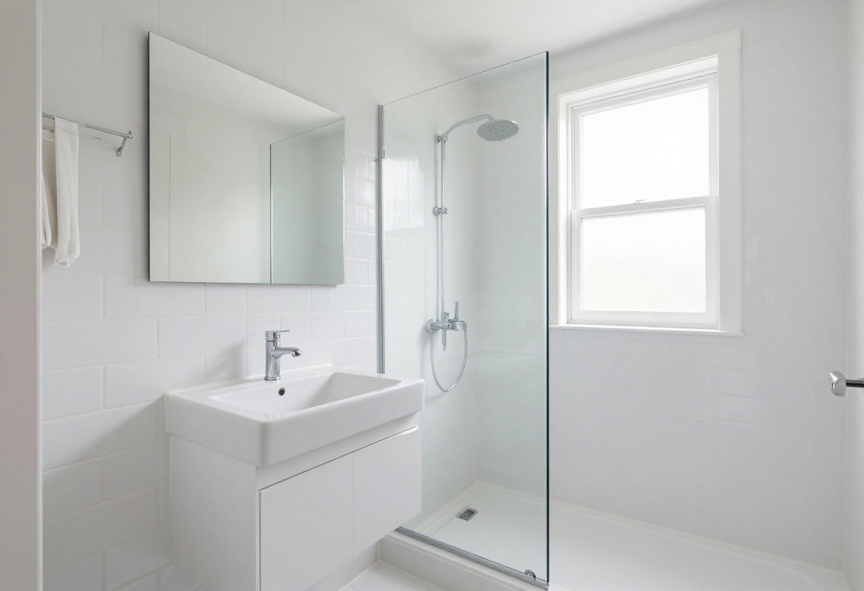 Small bathroom with corner shower, glass enclosure, floating vanity, and large mirror.