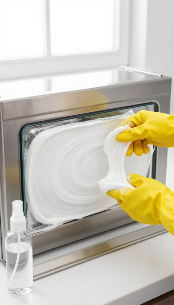 Hand applying baking soda paste on oven door with vinegar spray bottle nearby
