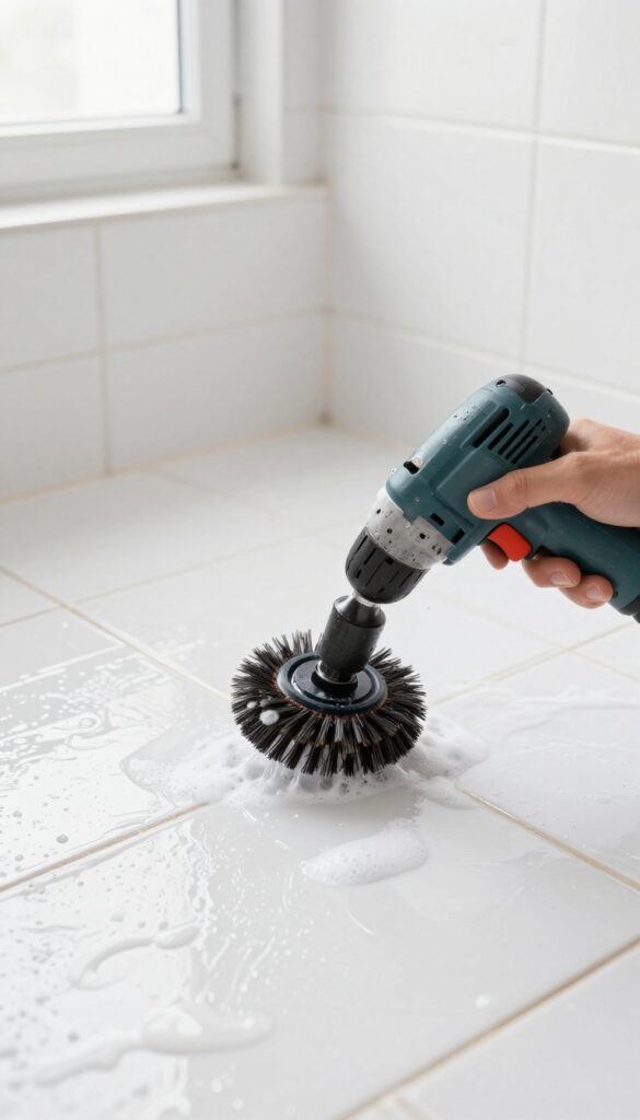 Person using a drill brush attachment to scrub a shower floor, with soap suds and water on white tiles.
