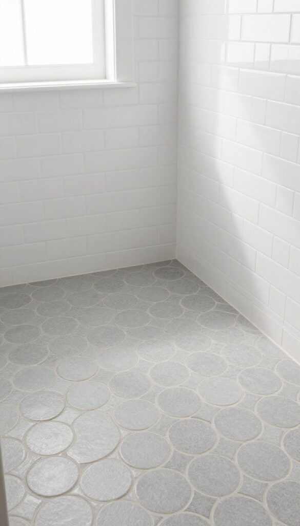 Soft gray penny tile shower floor with natural light and white subway wall tiles