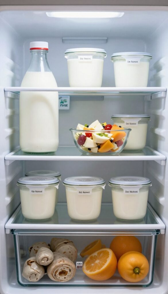 Organized refrigerator shelf with FIFO method, labeled containers, and 'Use Me First' bin