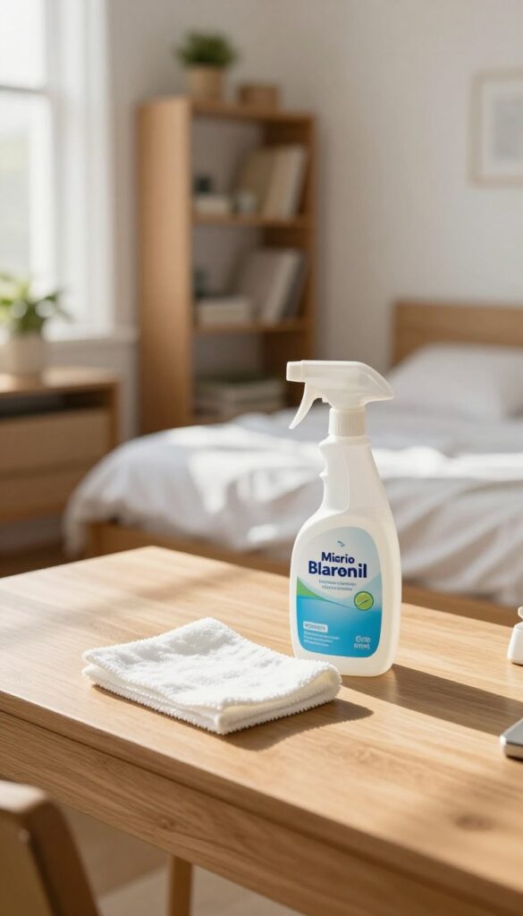 Clean bedroom desk with cleaning supplies and sunlight