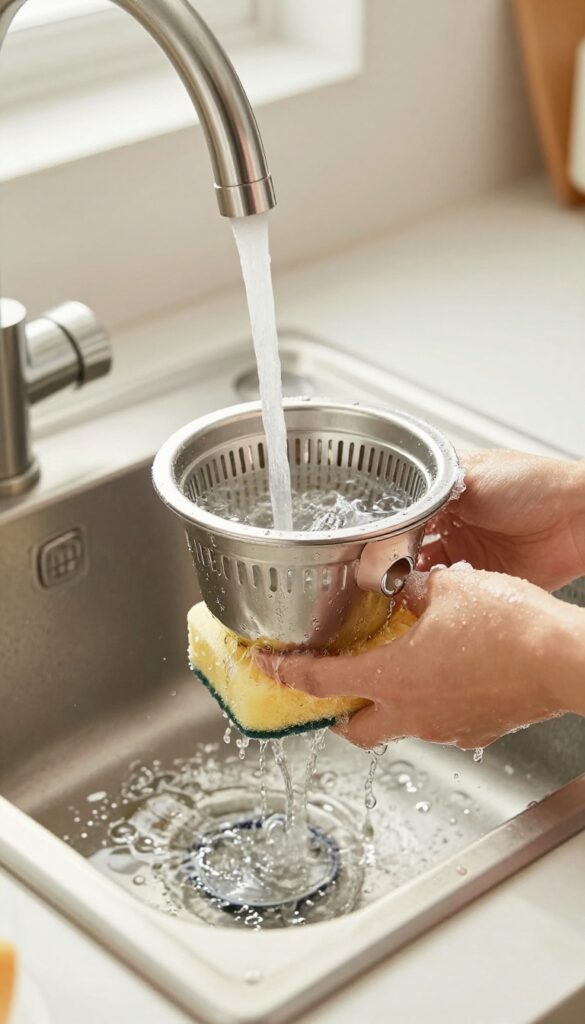 A person's hands washing a coffee maker filter basket and carafe lid in a kitchen sink with soapy water and a sponge.
