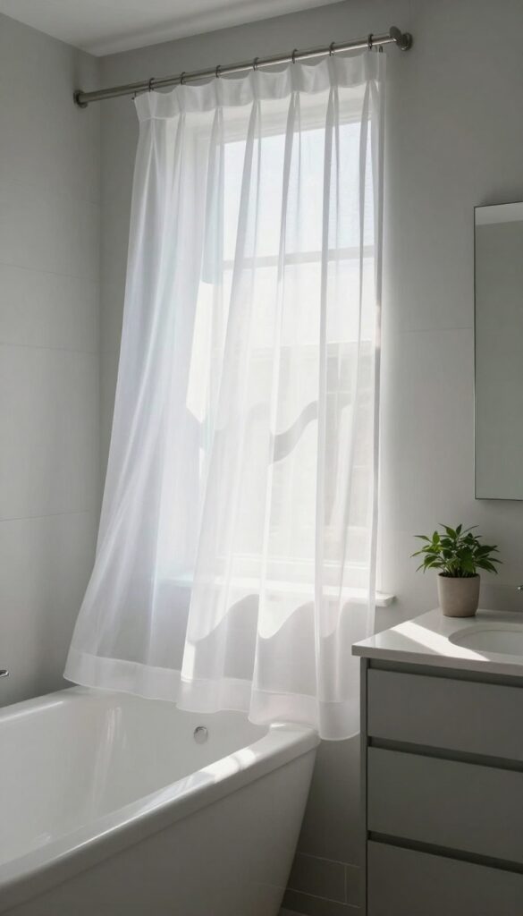 Sheer white shower curtain in a bright bathroom allowing light to filter through, creating an open and airy feel.