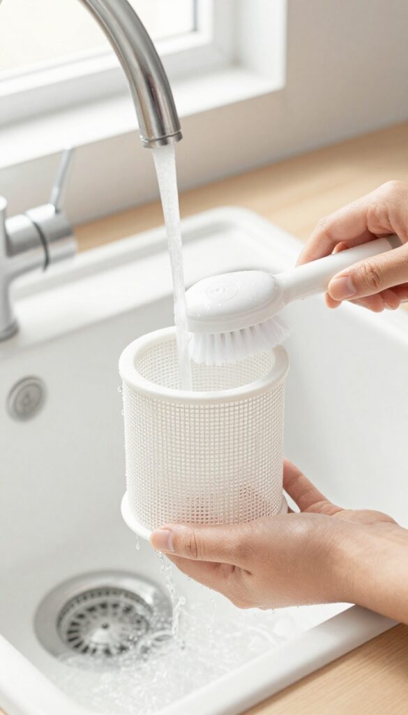 Cleaning a dishwasher filter under running water in a kitchen sink