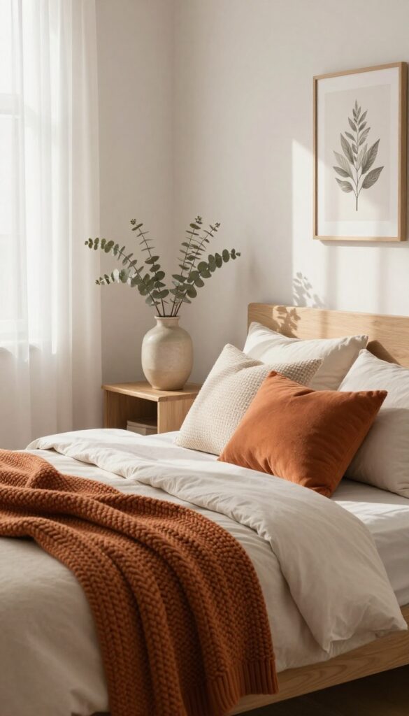 Cozy bedroom corner with seasonal decor swap featuring warm rust throw, textured pillows, dried eucalyptus, and botanical art in natural light.