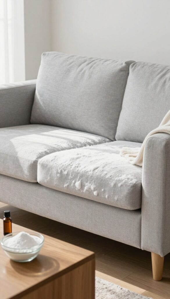 Baking soda sprinkled on a gray fabric couch in a bright living room for deodorizing