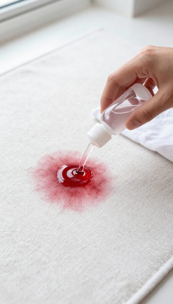 Person applying hydrogen peroxide to a red wine stain on a wool rug