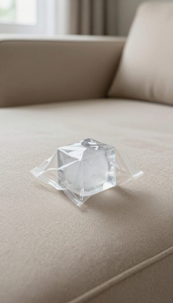 Freeze chewing gum on couch fabric with ice cubes in a plastic bag