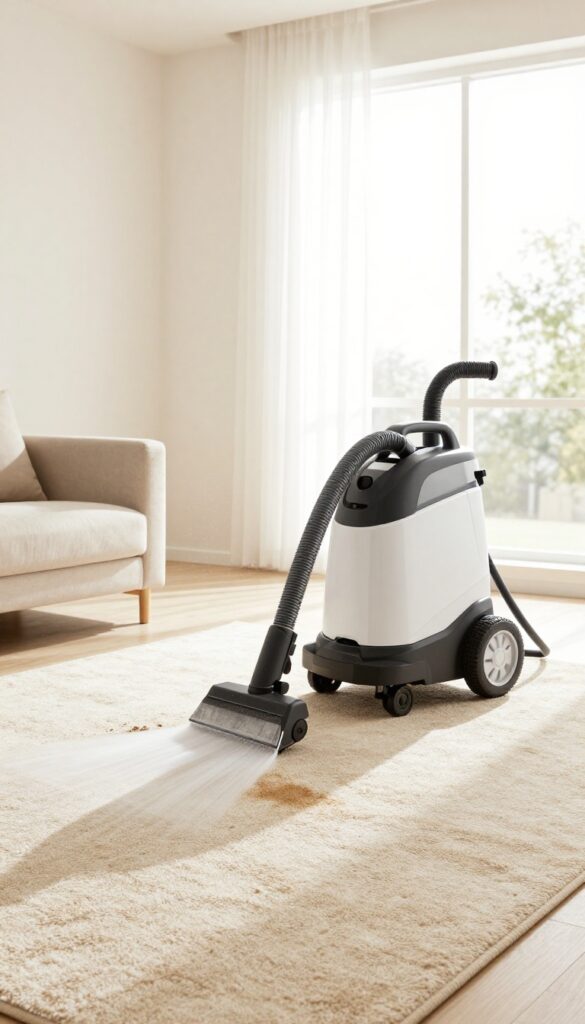 Professional carpet cleaner using hot water extraction machine on a large carpet in a bright living room