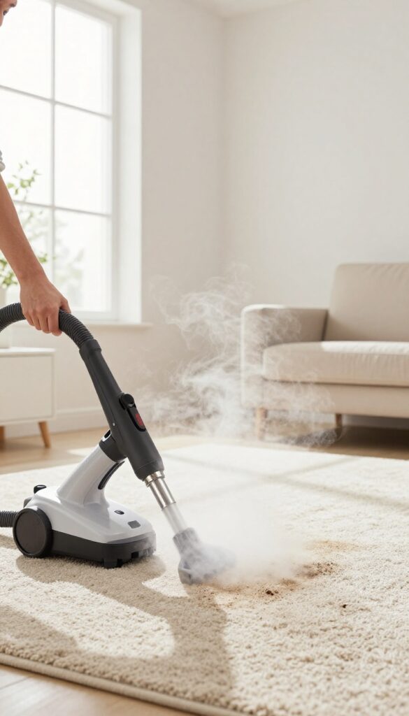 Steam cleaning machine in use on a carpet in a sunlit living room
