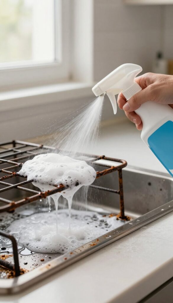 Spraying commercial oven cleaner on a greasy oven rack