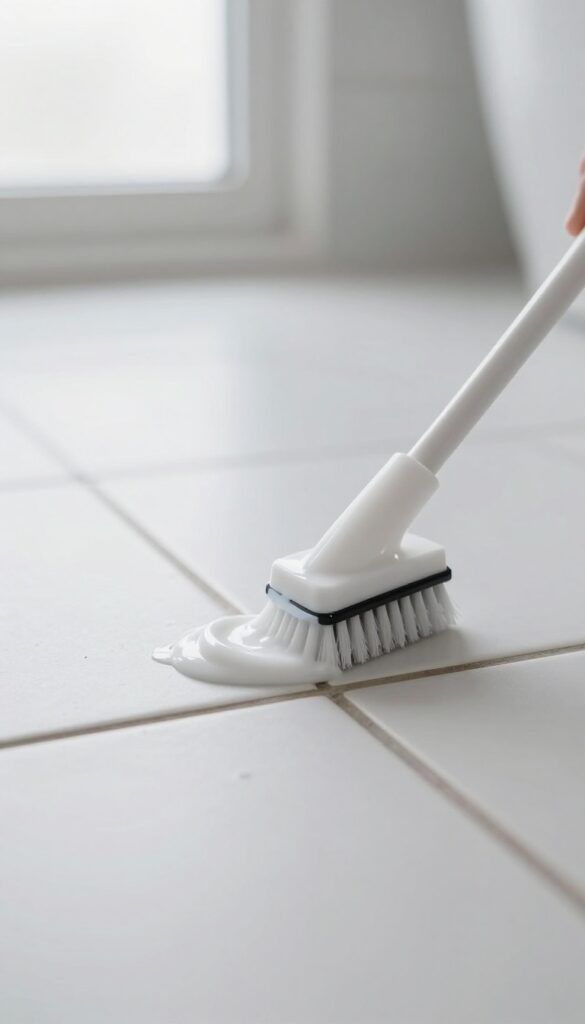 Applying bleach gel to dark mildew-stained grout lines on a white tiled bathroom floor
