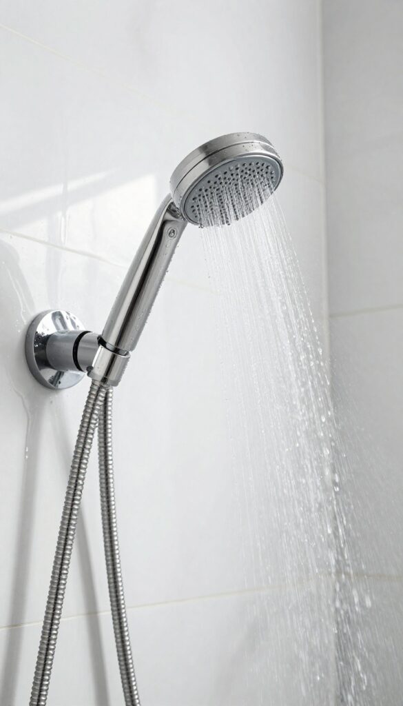 Rinsing a glass shower door with hot water from a handheld showerhead, bright natural light, clean and streak-free glass