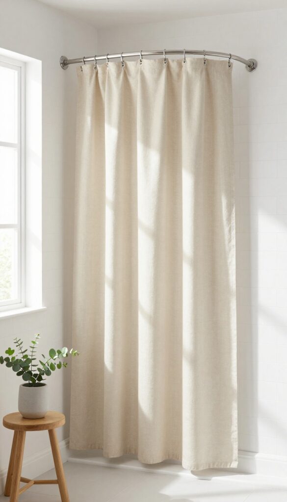 Custom-length linen shower curtain in a tall shower stall with natural light and eucalyptus.