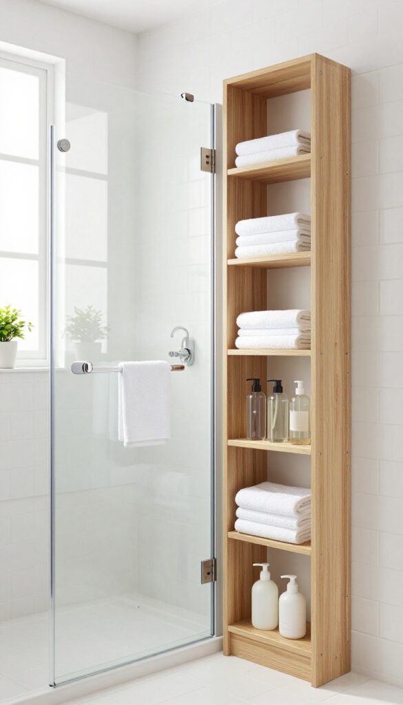 Small bathroom with vertical storage tower next to shower, holding towels and toiletries