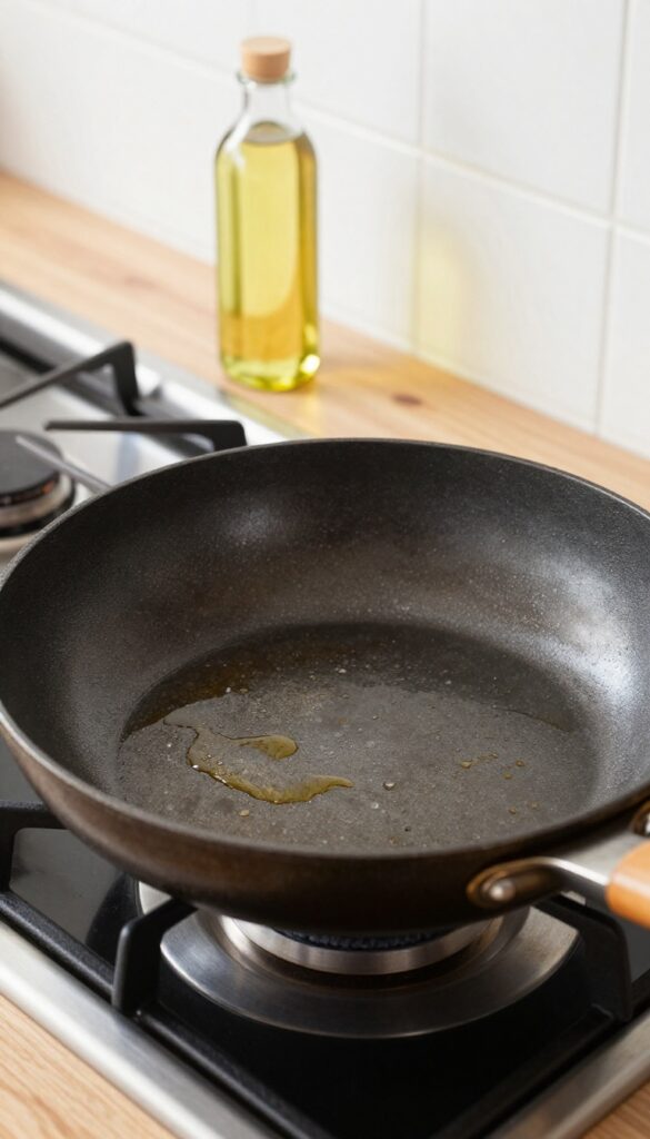 Carbon steel pan being seasoned on a stove with oil