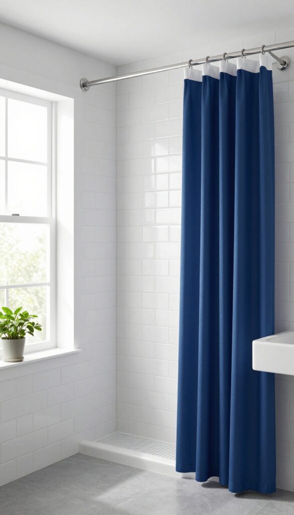 Bathroom with high-contrast shower curtain featuring a navy blue top border, hung near the ceiling to create a taller appearance