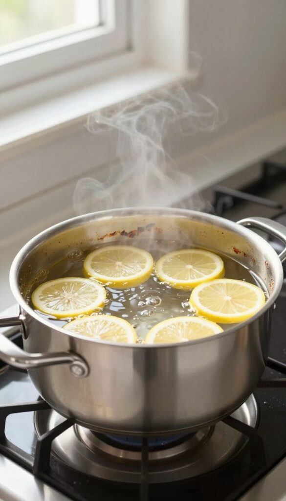Boiling lemon water in a stainless steel pot to clean burnt residue
