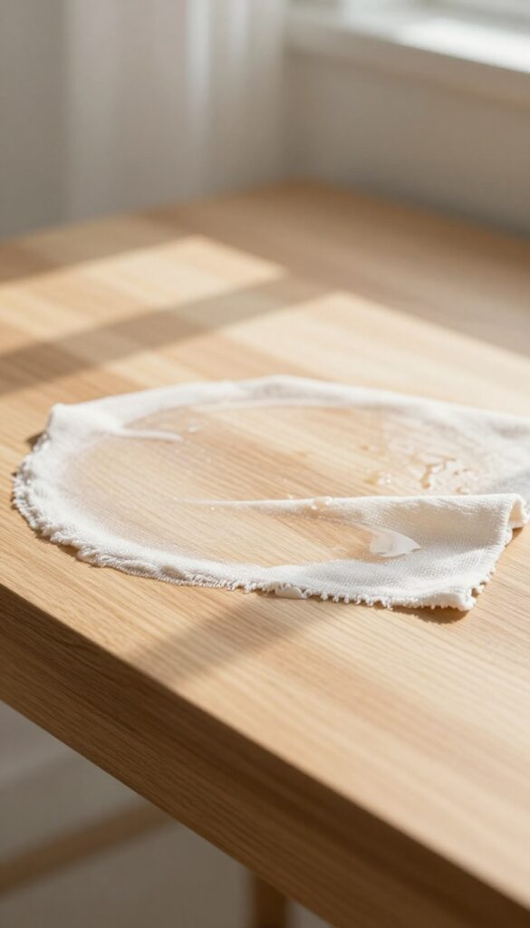 Dusting a wooden table with a microfiber cloth, showing wood grain and warm shine.
