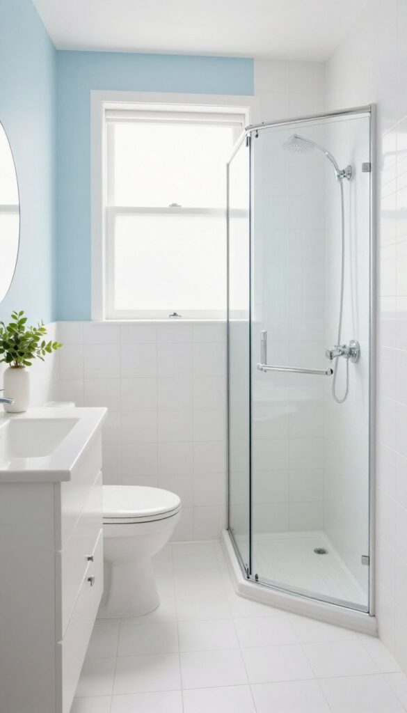 Small bathroom with light colors and large tiles creating an illusion of more space