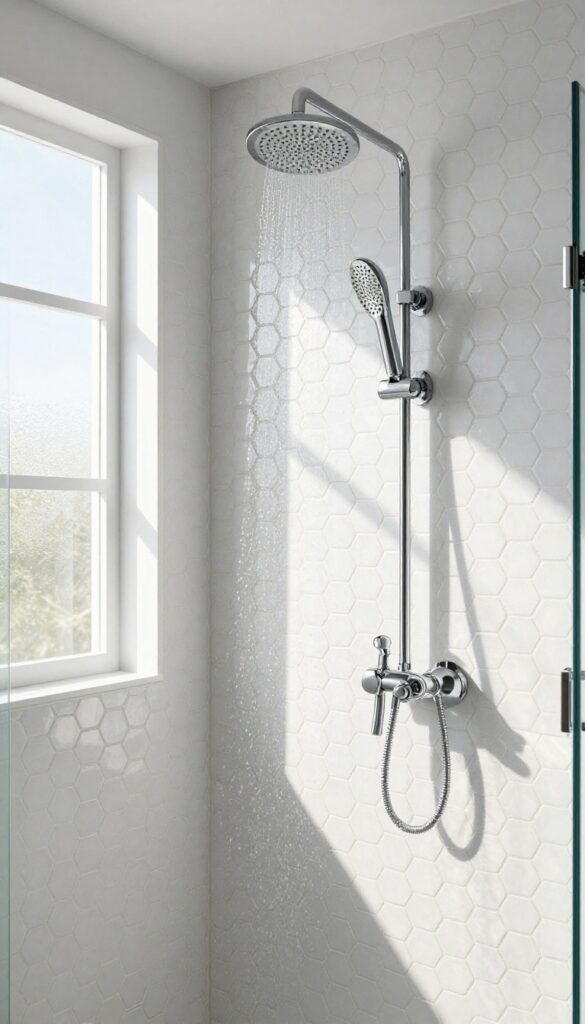 White hexagon mosaic shower wall with dark gray grout in a bright modern bathroom
