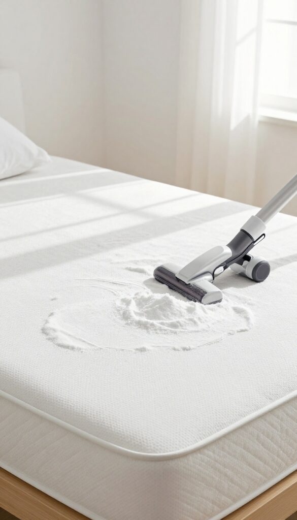 A bed mattress covered with baking soda, with a vacuum cleaner nearby, in bright natural light.