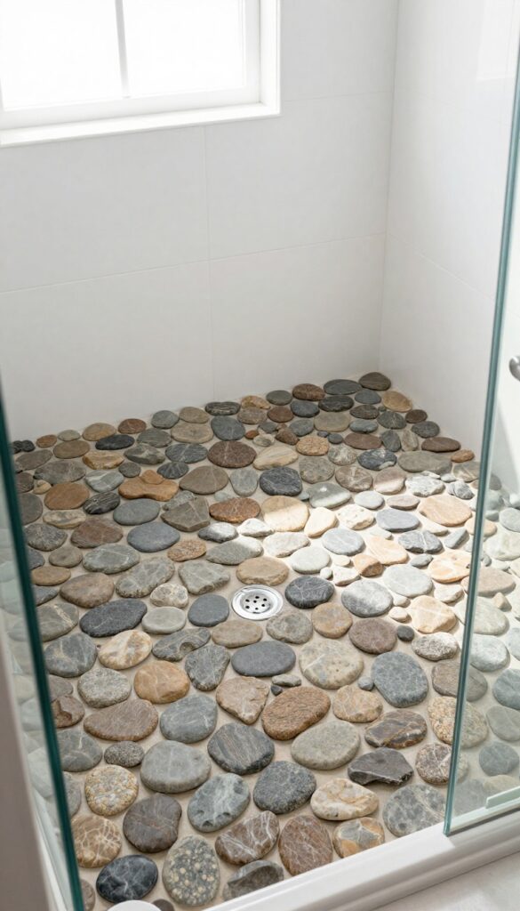 River rock shower floor with circular pattern around center drain, natural stone texture, bright bathroom