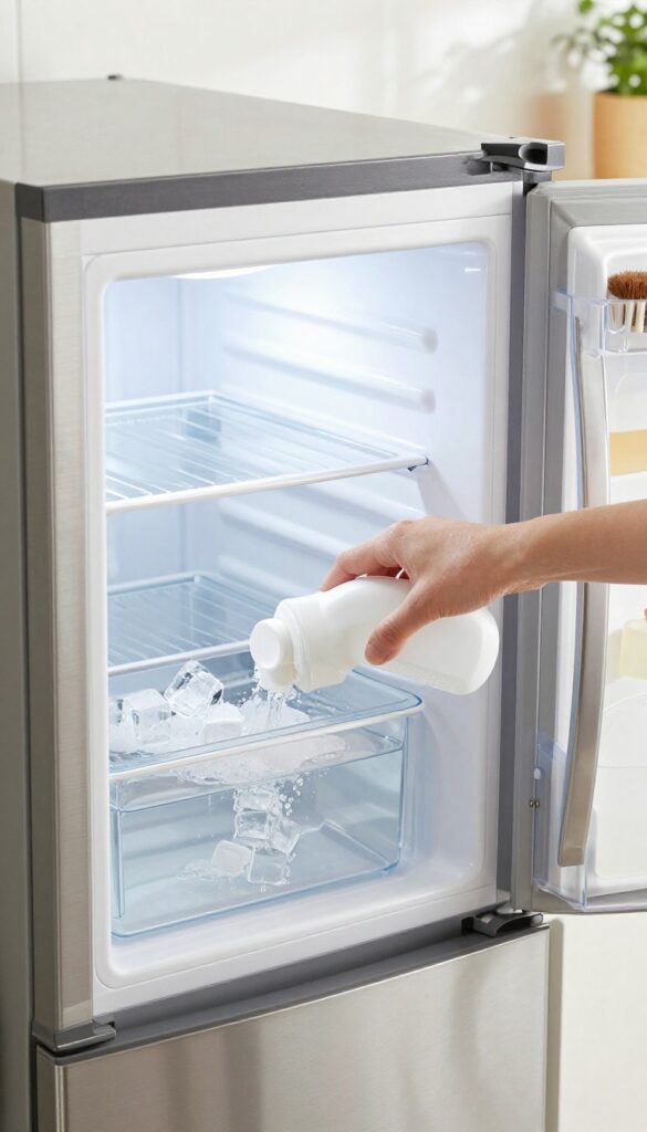 Deep cleaning refrigerator ice maker and water dispenser with vinegar solution