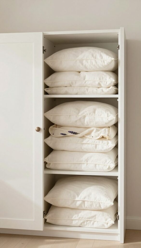 Pillows stored in breathable cotton bags in a linen closet