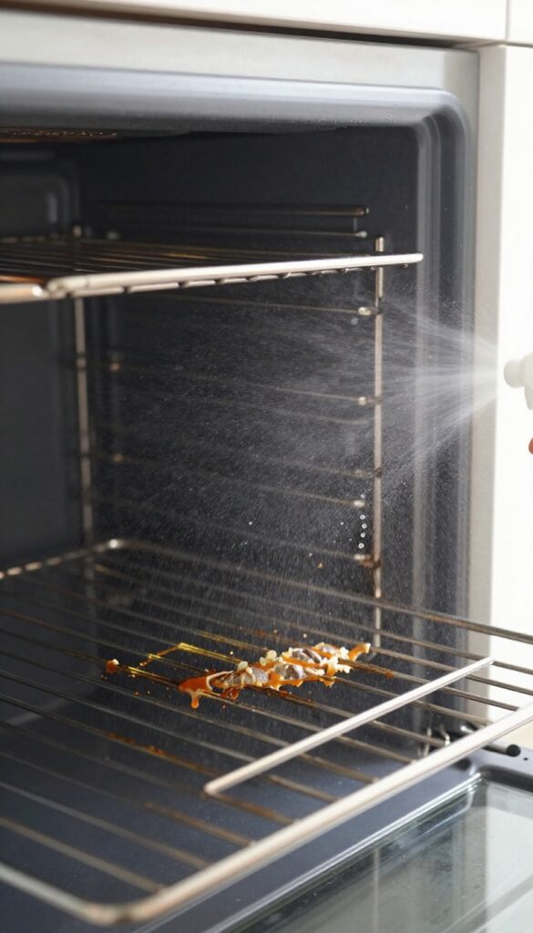 Person spraying dissolved dishwasher tablet solution onto vertical oven surfaces