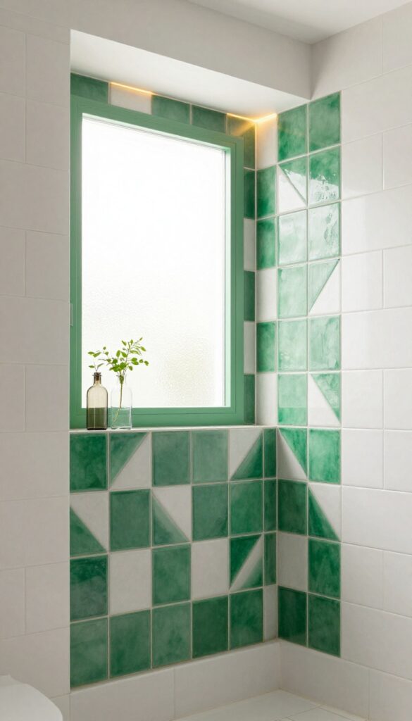 Recessed shower niche with emerald green geometric accent tile, illuminated by LED strip, containing glass bottles and a plant