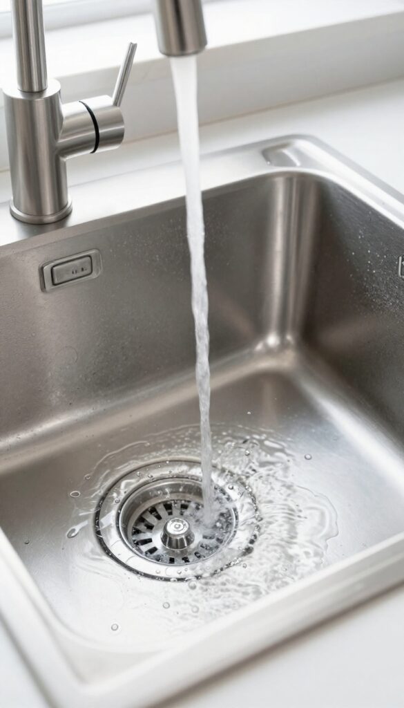 Cold water running into a kitchen sink with a garbage disposal, illustrating the regular cold water flush cleaning tip.