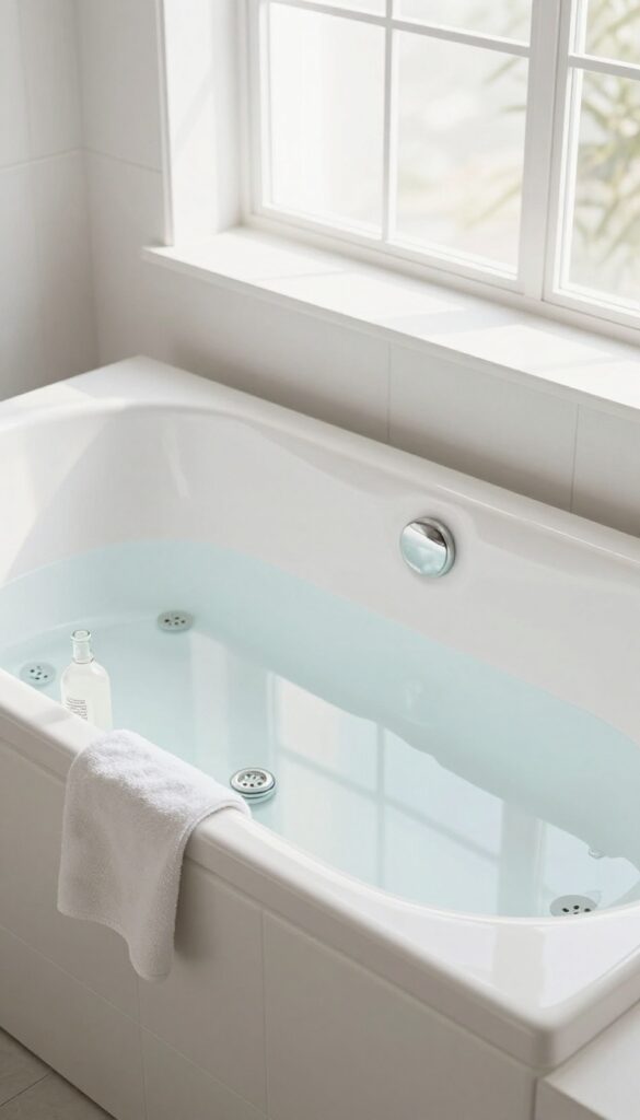 Clean Jacuzzi tub with jets, vinegar and cloth nearby, bright bathroom setting
