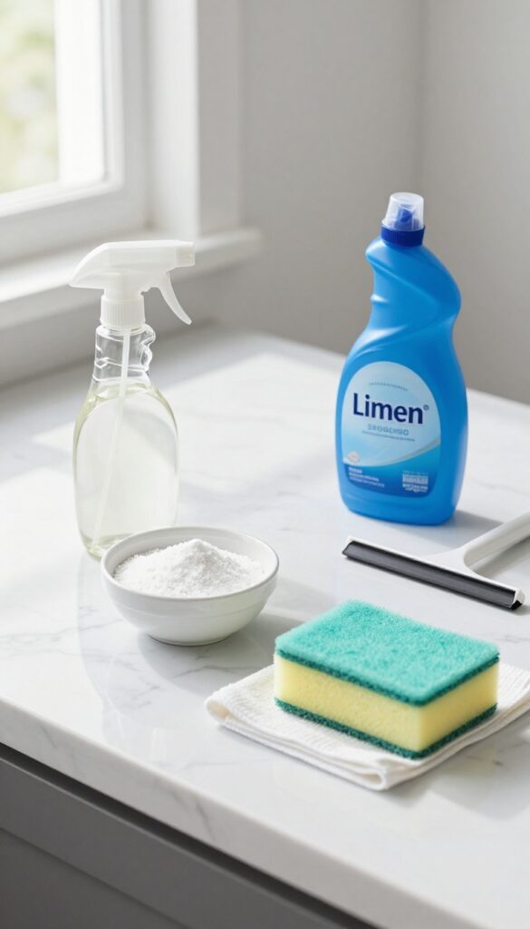Cleaning supplies for glass shower door: vinegar, baking soda, dish soap, microfiber cloth, sponge, and squeegee on marble countertop.