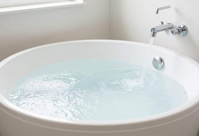 Clean jetted bathtub with water and bubbles, jets visible