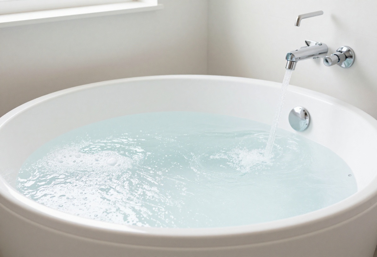 Clean jetted bathtub with water and bubbles, jets visible