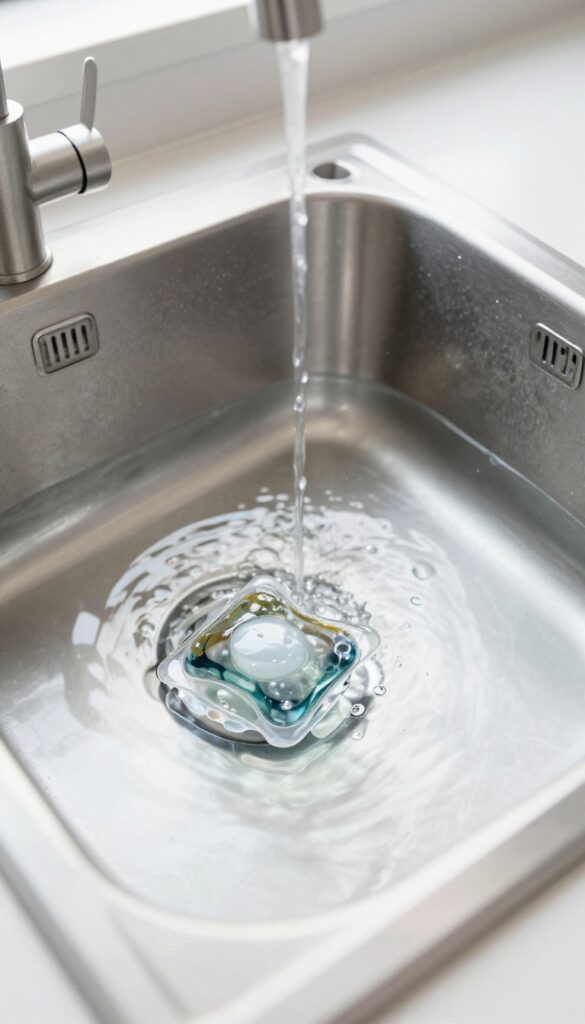 Stove grates soaking in hot water with a dissolving dishwasher pod