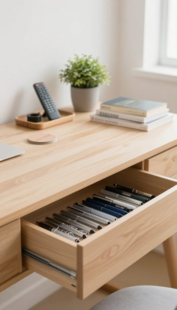 Organized desk surface with tray, books, plant, and tidy drawer