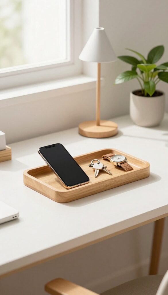 Clear desk surface with organized tray of daily essentials, bright natural light, minimalist decor