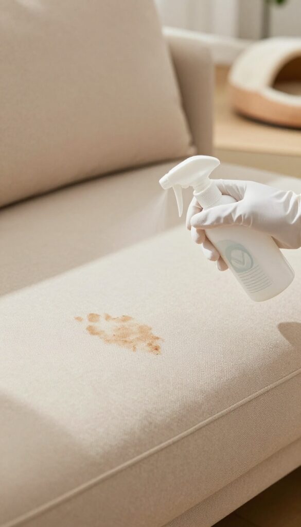 Person treating a pet stain on a beige sofa with enzyme cleaner spray