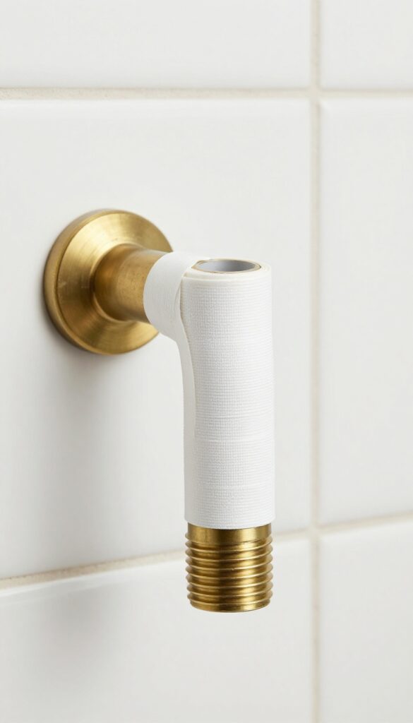 Close-up of Teflon tape wrapped clockwise around shower arm threads