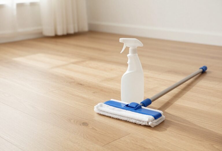 Clean hardwood floor with microfiber mop and natural cleaner in sunlit room