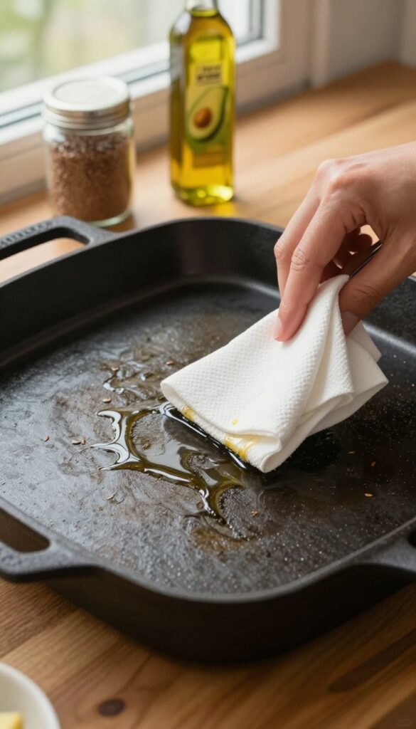 Wiping a thin layer of oil on a clean blackstone griddle with a paper towel and tongs, with avocado oil and flaxseed oil bottles nearby on a wooden counter.
