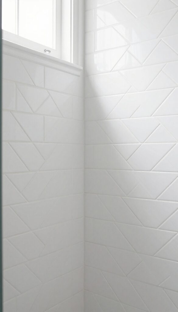 White herringbone pattern subway tiles in a bright shower, creating visual movement and a spacious feel