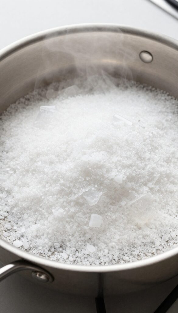 Stainless steel pan with salt and ice cubes for deglazing, steam rising, bright natural light