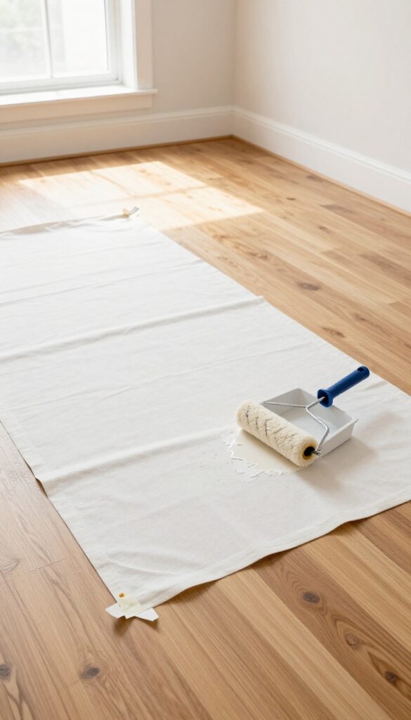Canvas drop cloth protecting hardwood floor during painting, with paint roller and tape